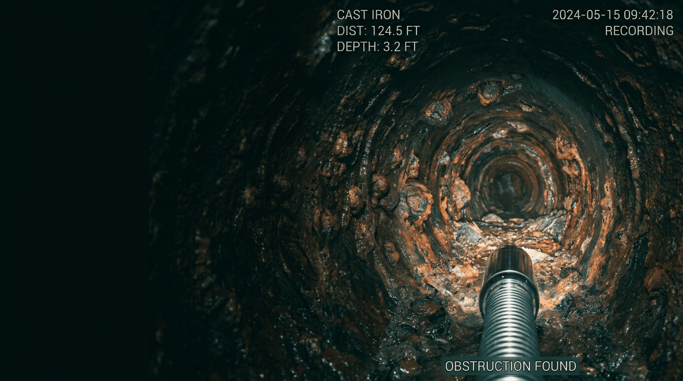 Sewer camera inspection showing heavy scale buildup inside a cast iron pipe