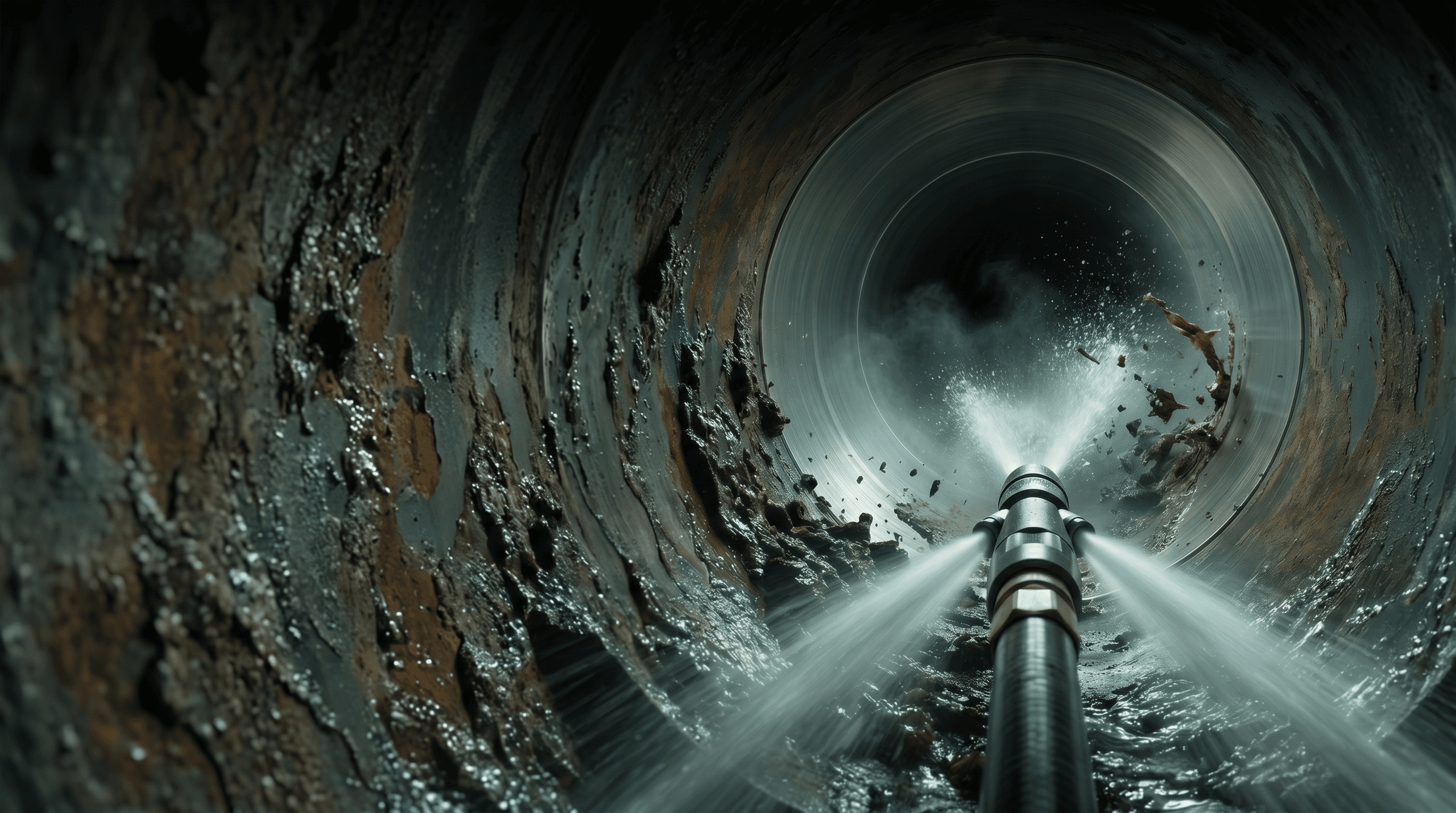 Hydro jetting nozzle removing scale from a cast iron sewer pipe interior