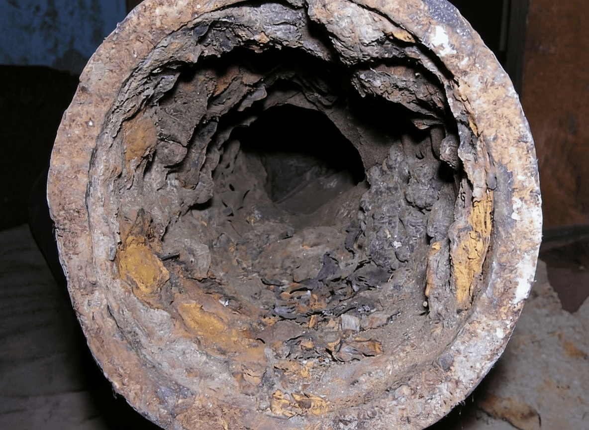 Cast iron pipe opening restricted by thick tuberculation and rust scale