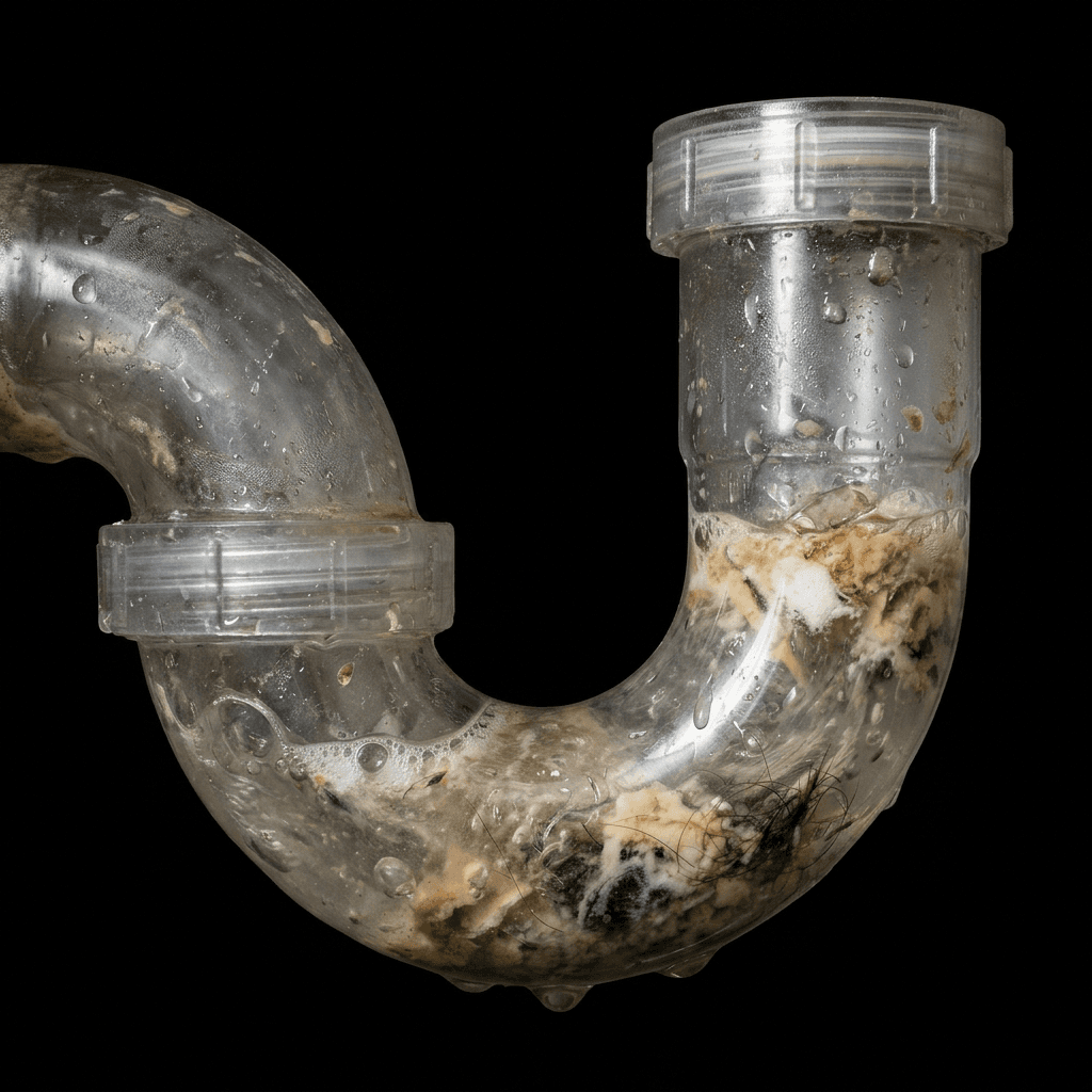 Transparent drain trap showing grease, hair, and sludge buildup restricting flow
