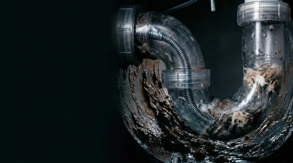 Buildup inside a clogged U-bend drain pipe being cleared