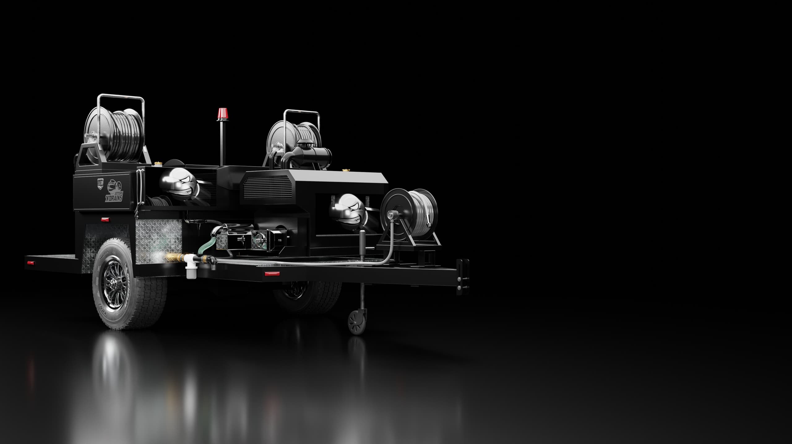Fully-equipped Jetters N Drains hydro jetting trailer ready to deploy