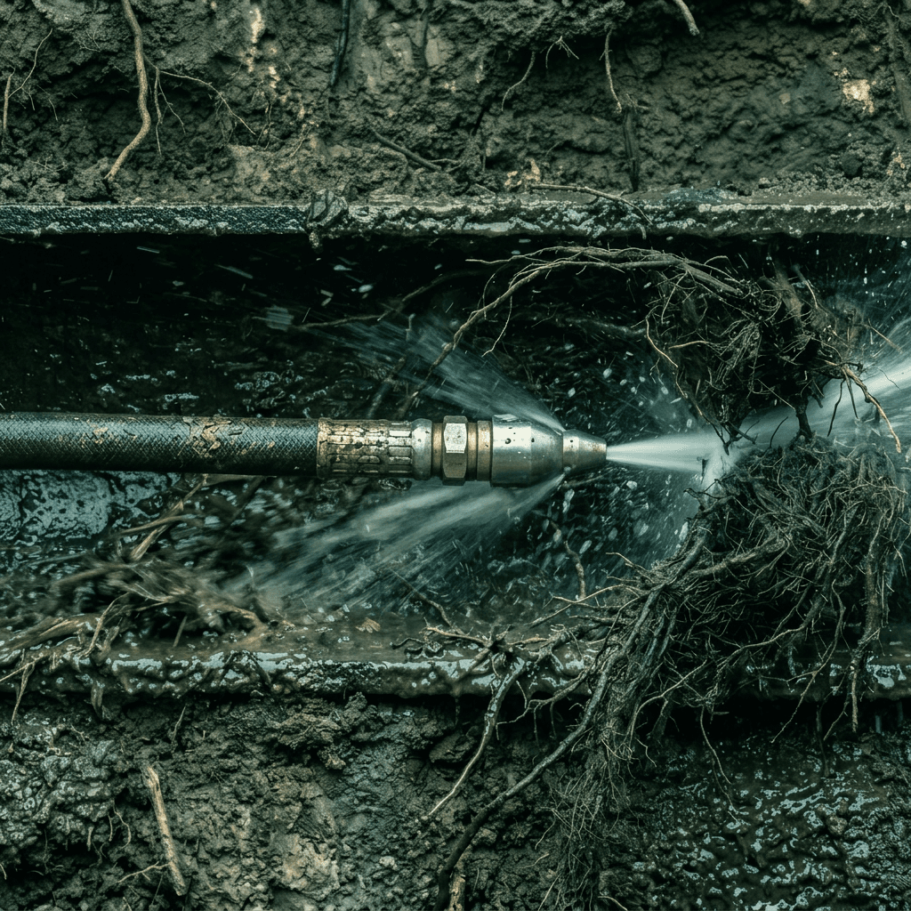 High-pressure sewer nozzle cutting through tree roots inside an excavated sewer line