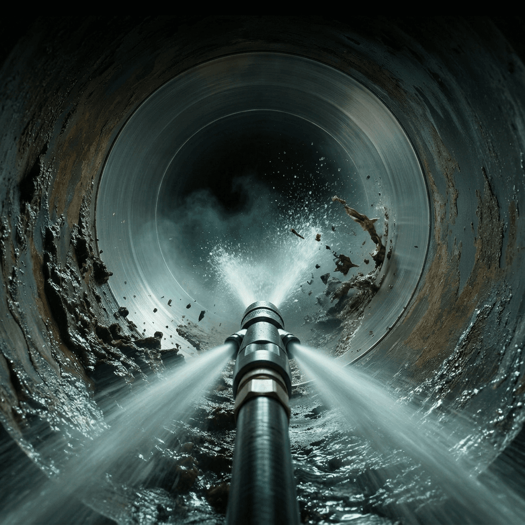 High-pressure sewer nozzle stripping grease and sludge from a pipe interior