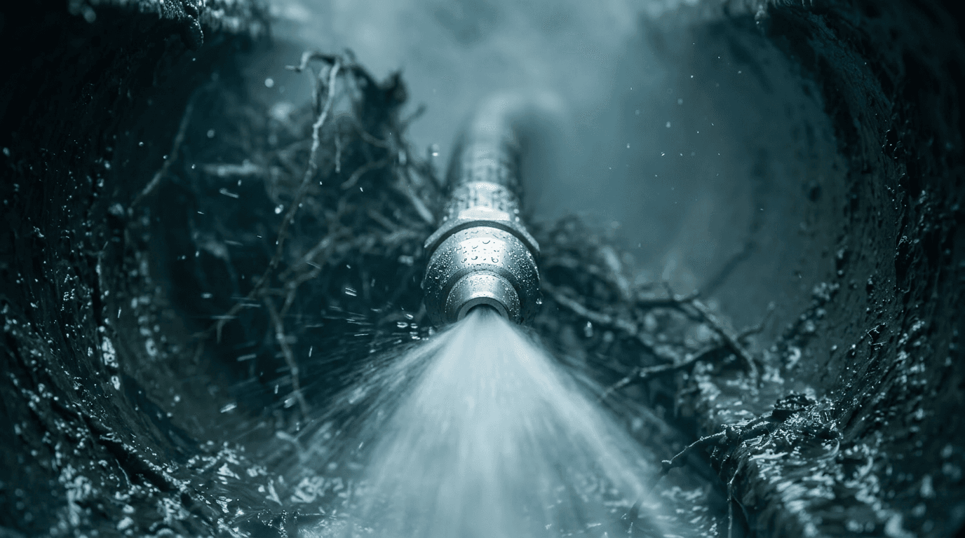 High-pressure hydro jetting nozzle clearing roots and sludge inside a sewer pipe