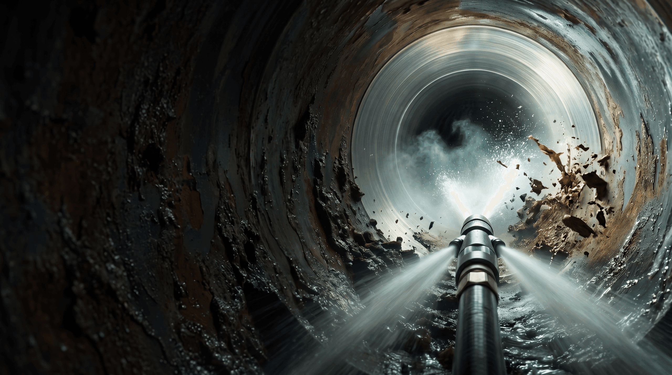 High-pressure hydro jetting nozzle clearing a sewer pipe