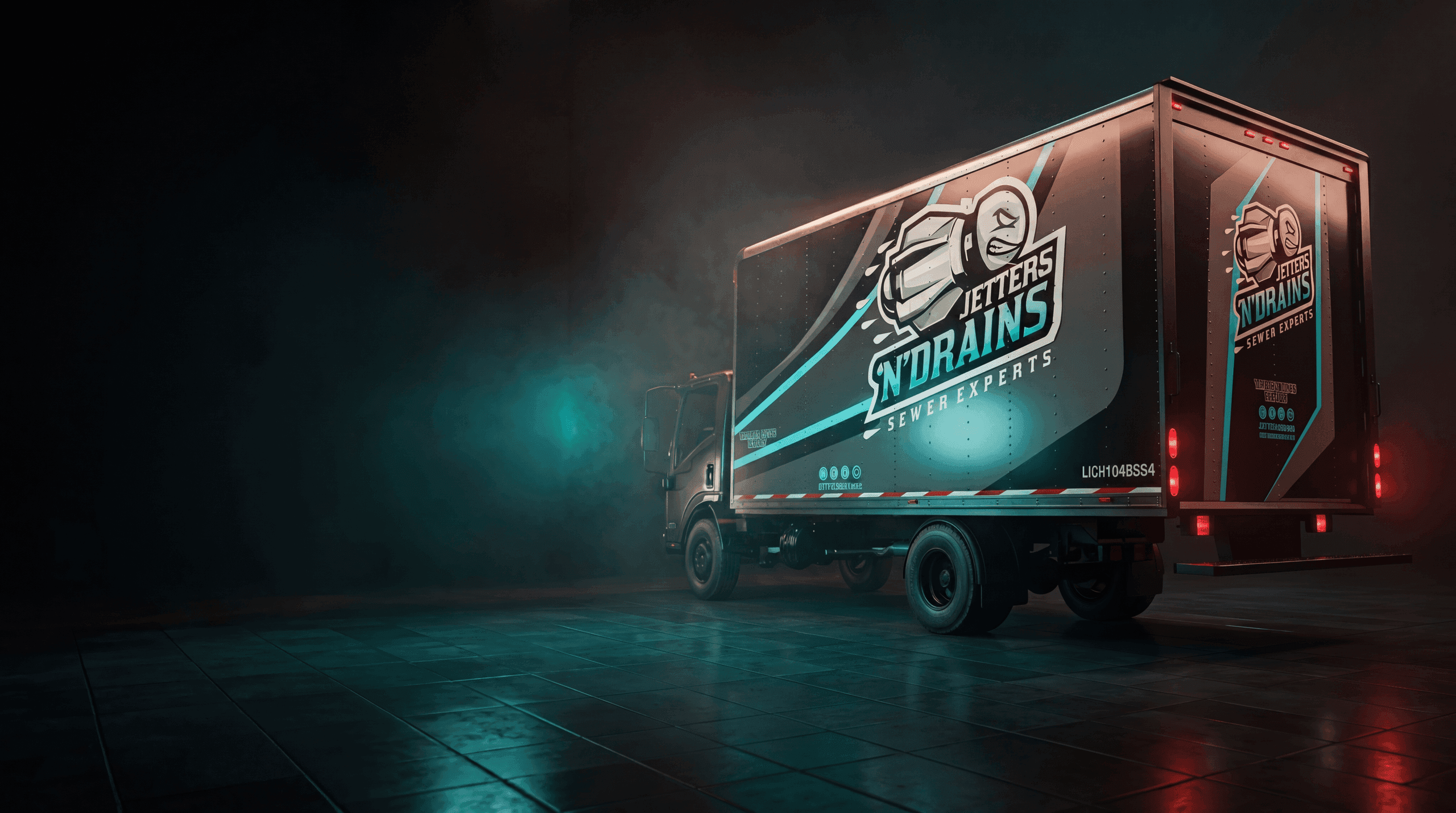 Jetters N' Drains branded box truck service vehicle under studio lighting