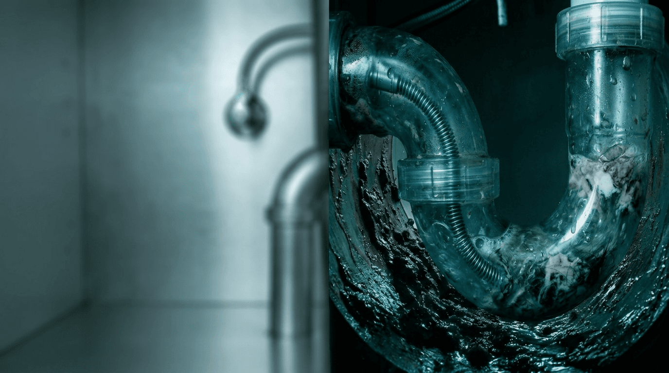 Mechanical drain cable clearing a grease clog inside a transparent drain trap