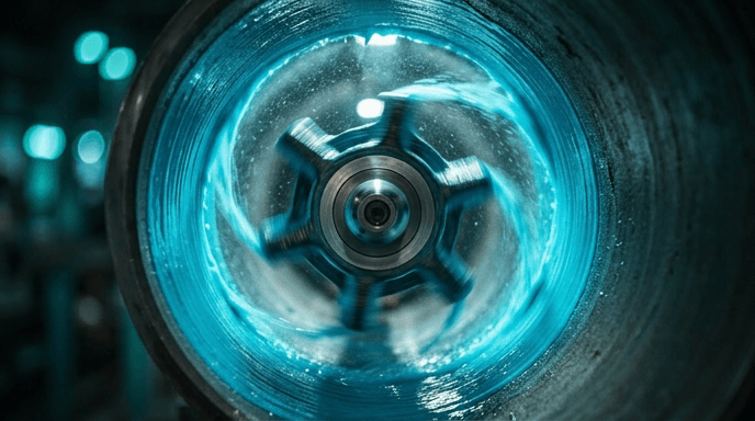 Centrifugal spray streams applying resin to the interior wall of a pipe