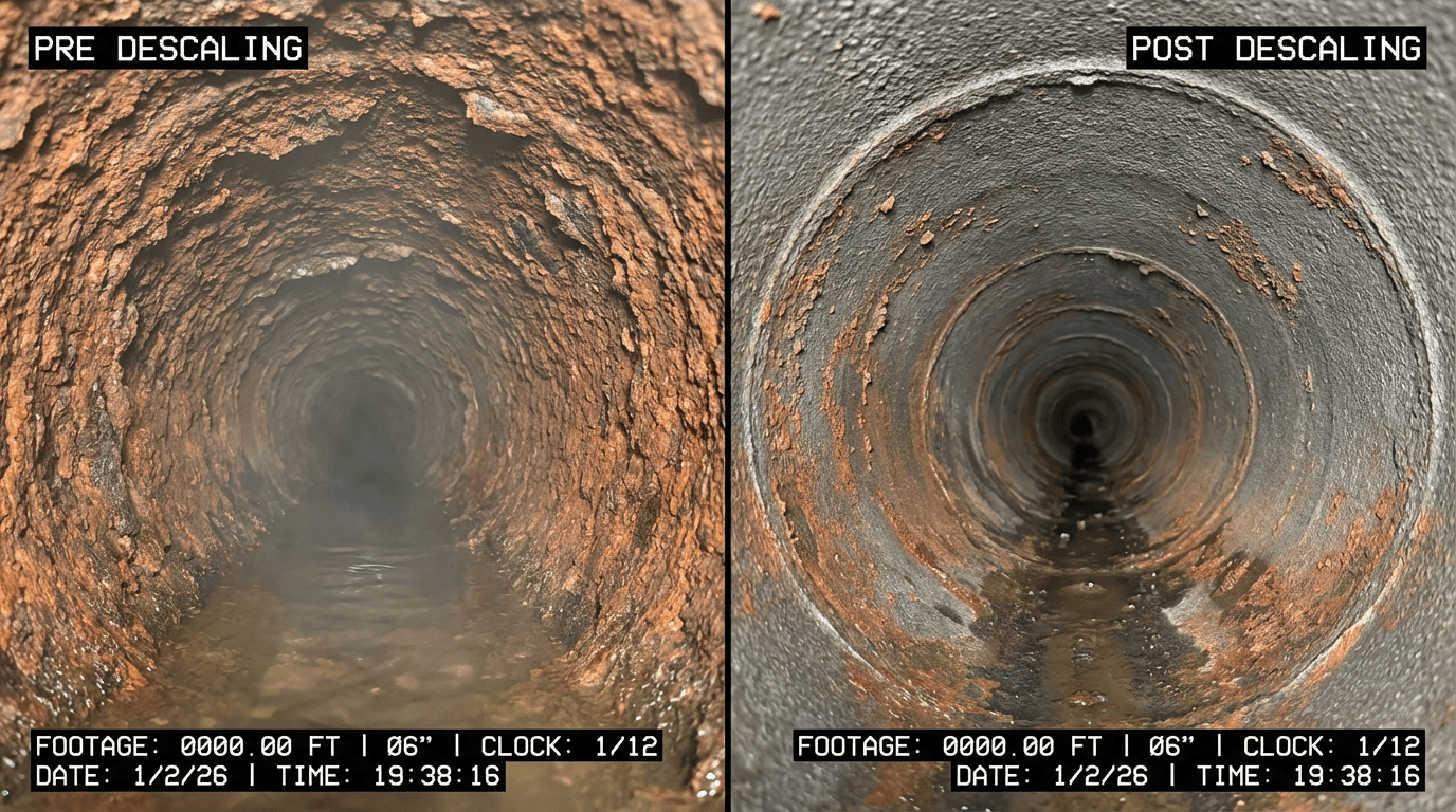 Side-by-side camera views of a six-inch sewer before and after cast iron descaling