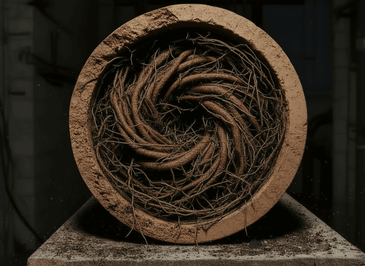 Dense tree root mass filling the interior of a clay sewer pipe