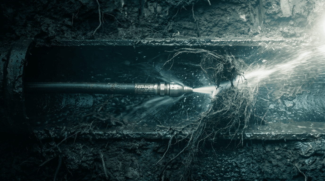 High-pressure hydro jetting nozzle cutting through tree roots inside a sewer pipe