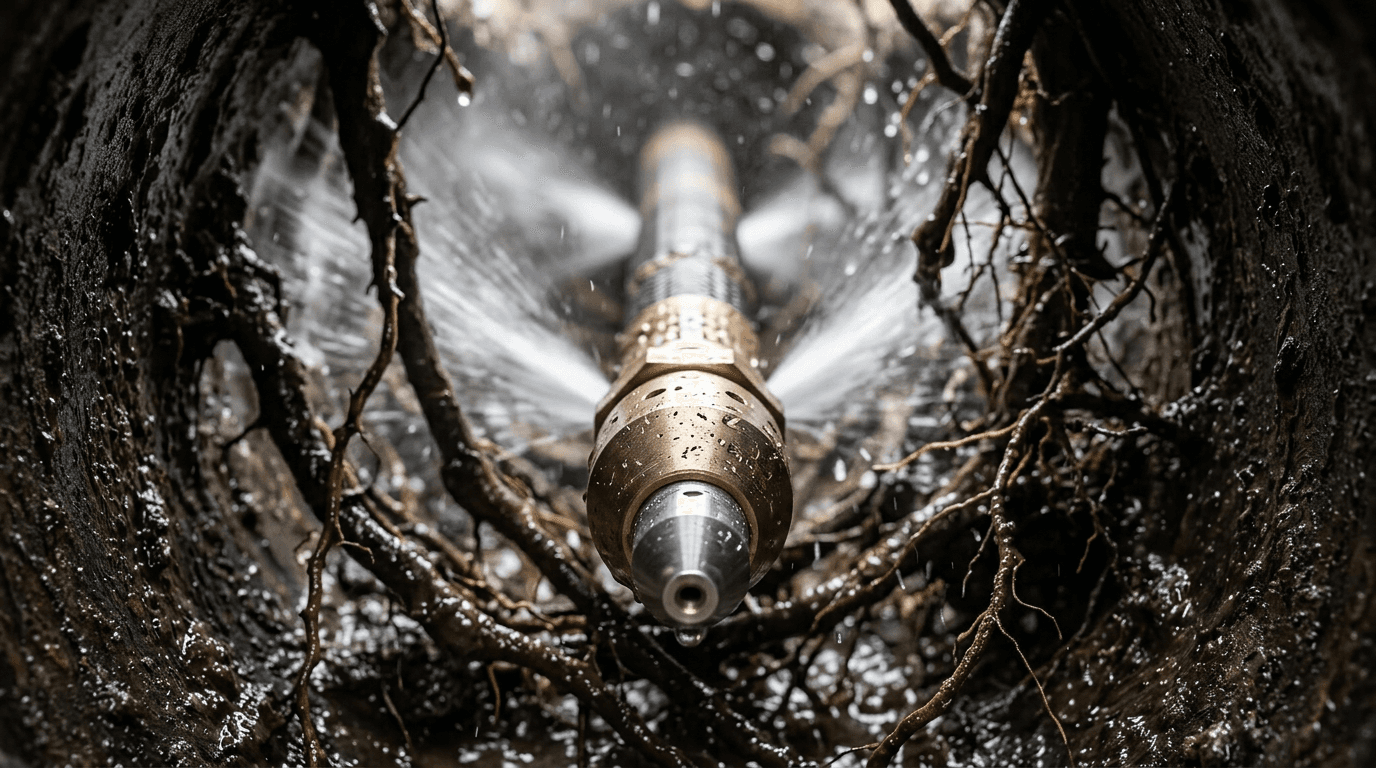 Tree roots visible inside a sewer line before hydro jetting and camera inspection