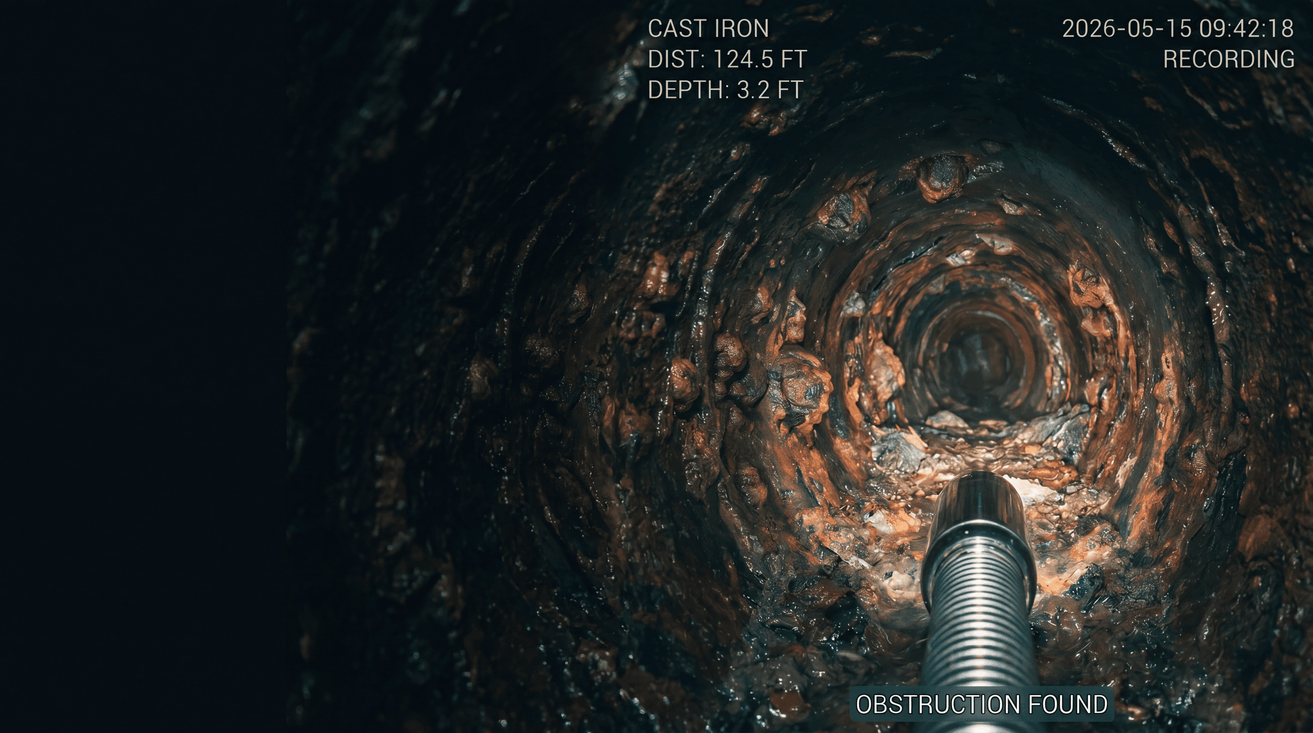 CCTV view of a deteriorated cast iron pipe interior that must be evaluated before lining