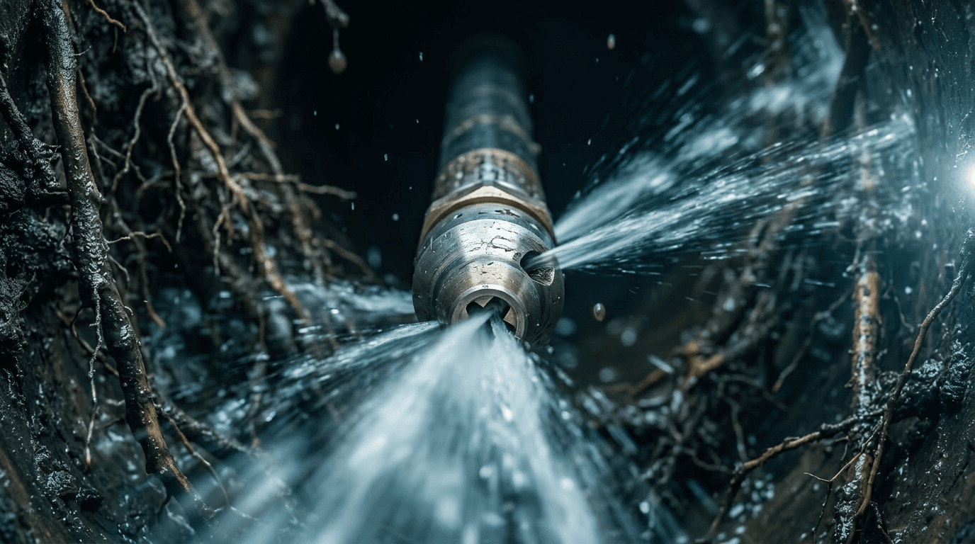 Sewer hydro jetting nozzle with rear-facing water jets inside a root-filled pipe