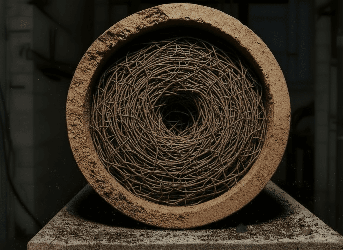 Cross-section of a sewer pipe nearly filled with spiral tree root intrusion