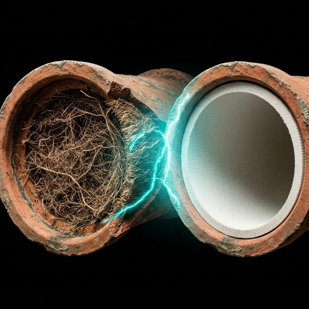 Cross-section: blocked clay pipe with roots versus rehabilitated liner