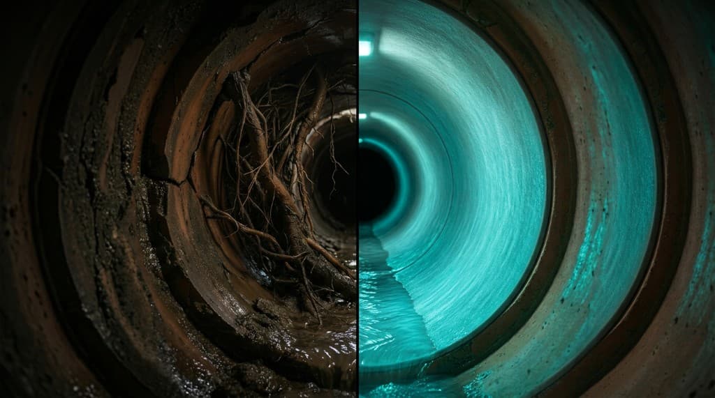 Split view inside sewer pipe: heavy root intrusion versus cleared trenchless-lined pipe