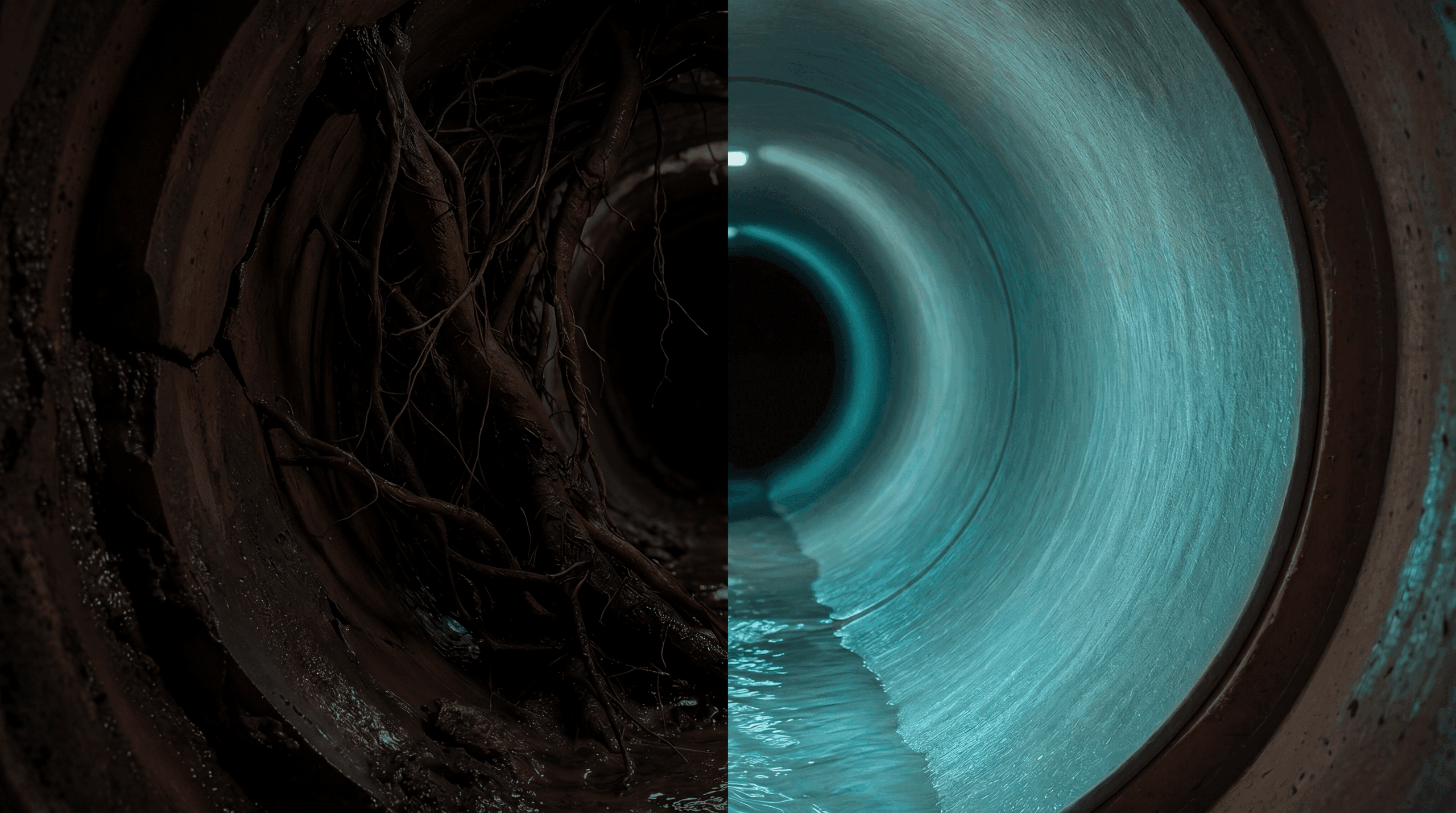 Trenchless pipe lining cross-section showing root-damaged sewer pipe beside a cured epoxy liner