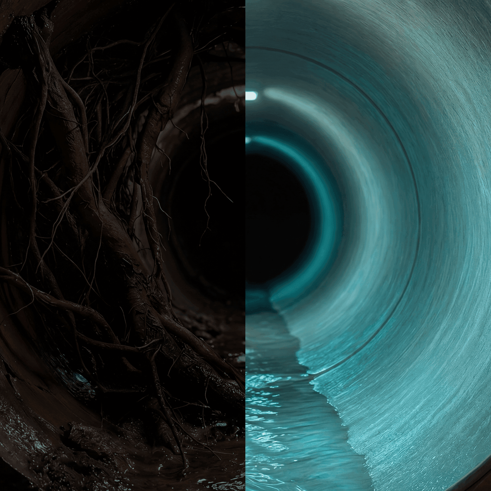 Before and after trenchless pipe lining showing damaged sewer pipe beside a cured CIPP liner
