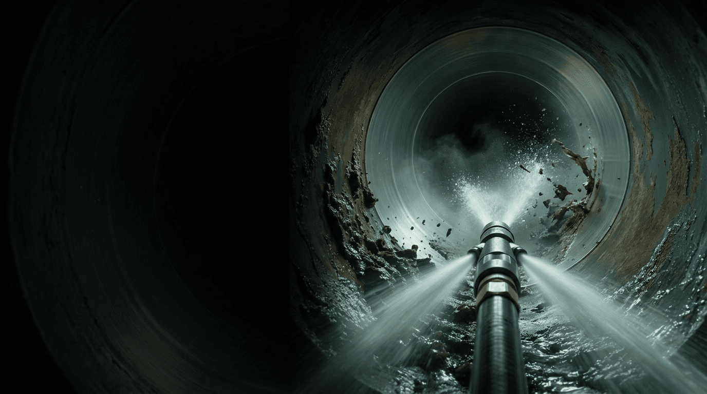 Sewer pipe interior with heavy sludge and buildup before cleaning